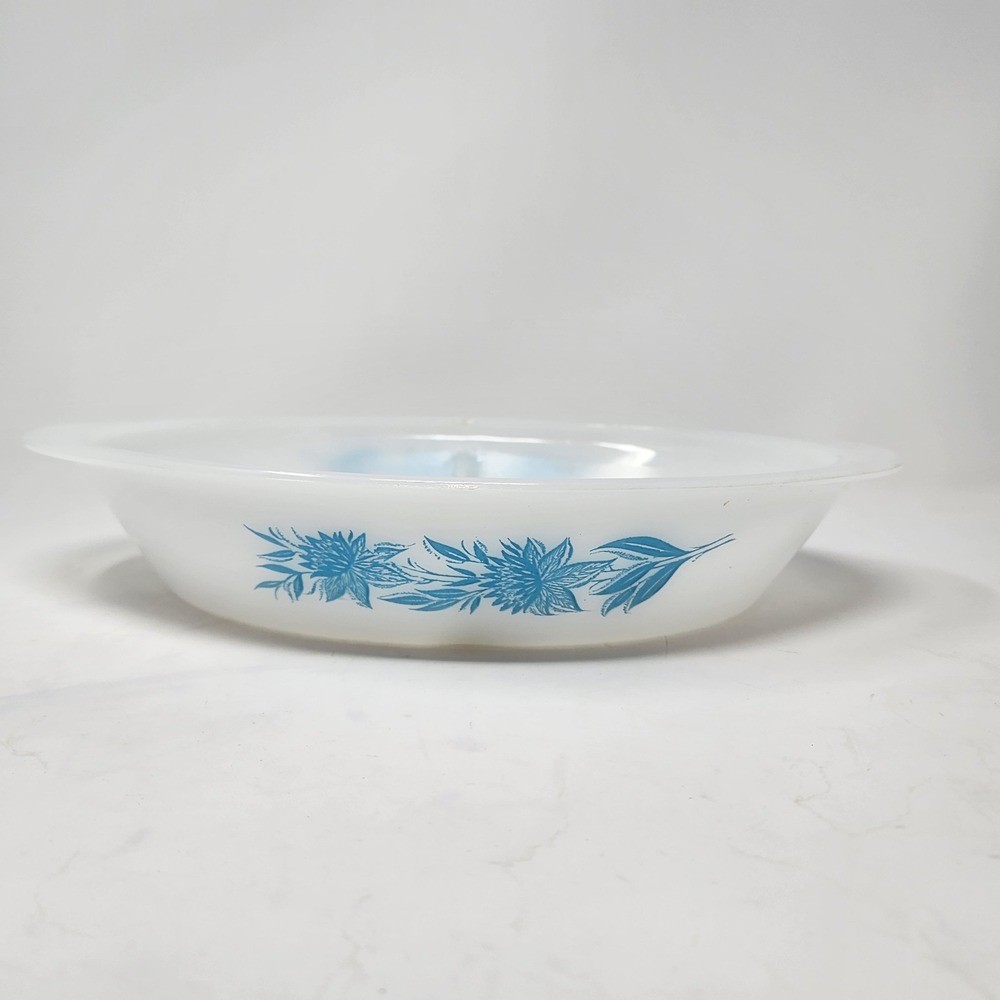 Glasbake Vintage 60's Milk Glass Divided Casserole Dish 12" Blue‎ Thistle J2352
